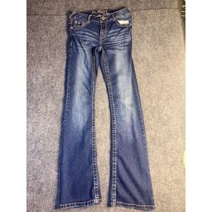 Rue 21 Bootcut Jeans Women 1/2 Blue Denim Embroidered Mid Rise Stretch Whiskered